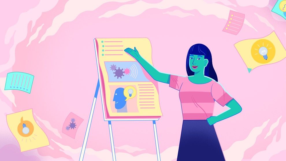 Woman presenting a paper board