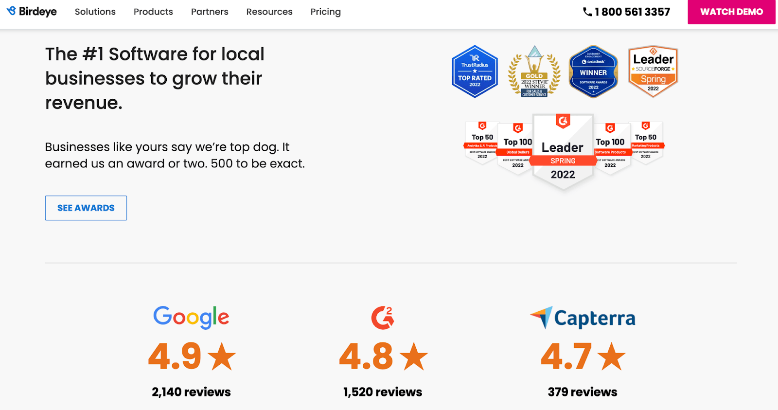 A list of the awards BirdEye has won and their average customer review on various popular platforms (Google, etc). Heading reads, 'The #1 Software for local businesses to grow their revenue.'