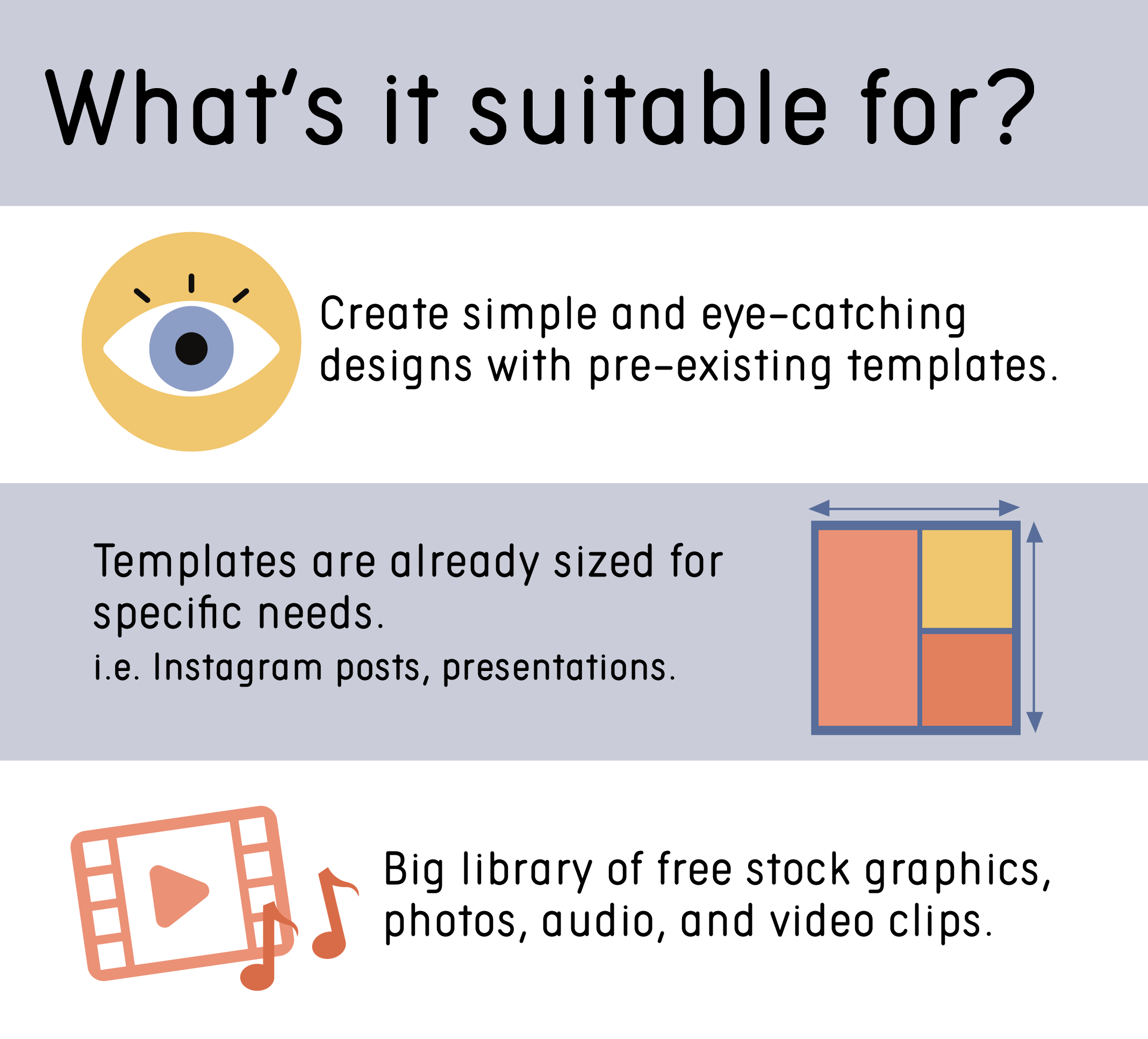 Creating simple and eye-catching designs with pre-existing templates. Templates are already sized for specific needs i.e. Instagram posts, presentations. Big library of free stock graphics, photos, audio and video clips.
