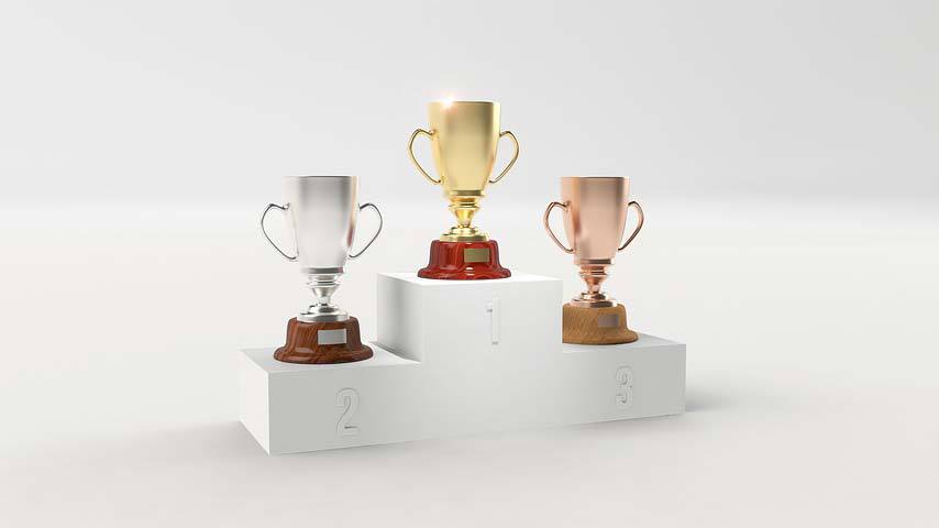 Trophies on a podium
