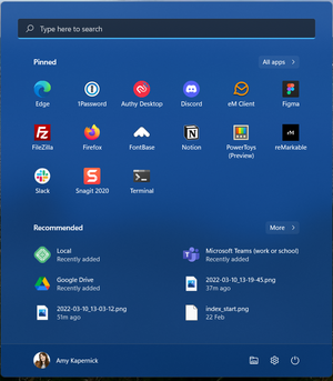 Screenshot of the Windows 11 start menu, only half of it is showing apps, the other half is showing various text files that have been recently opened.