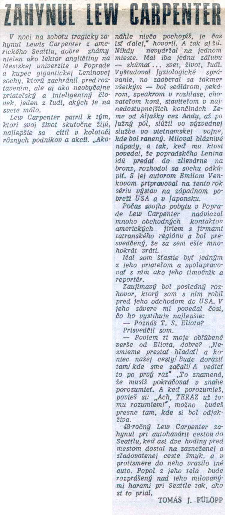 Podtatranské noviny, 24. februára 1994, str. 5 Zahynul Lew Carpenter