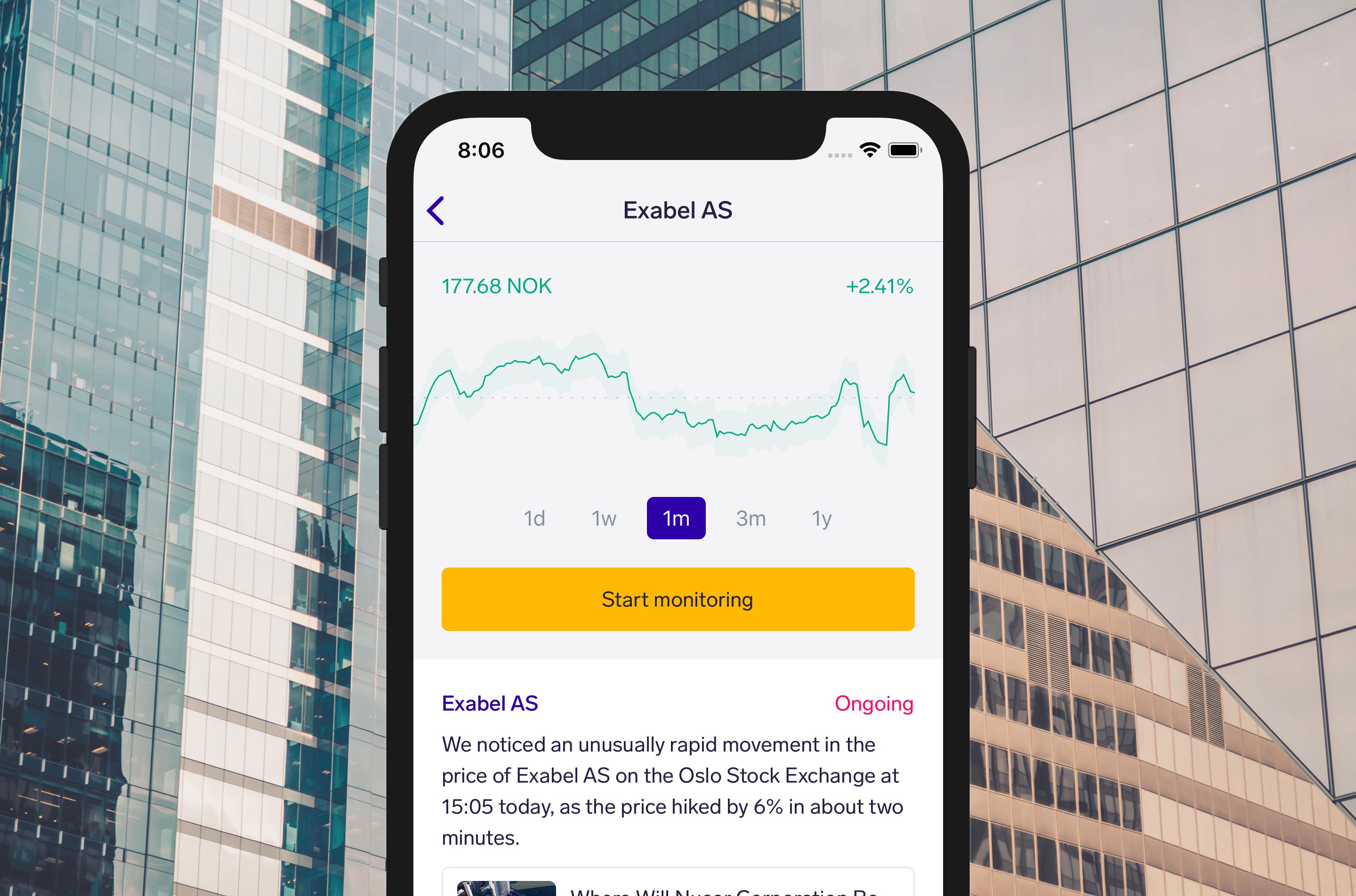 Mobile app with a stock chart, updates, and a monitor button