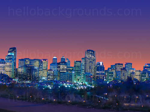 Urban cityscape at night featuring multiple tall office buildings bearing many illuminated windows by light Zoom background