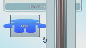 A screenshot of a full-screen dialog from a Nintendo Wii game, with the prompt "Select a g". The two options are "male" which looks mostly normal except for a severely stretched-out 'man' icon behind the text, and another button which is vertically stretched off the top and bottom of the screen, obscures the rest of the prompt, and is unreadable.