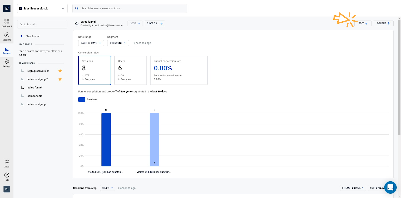Edit your funnel steps LiveSession funnels