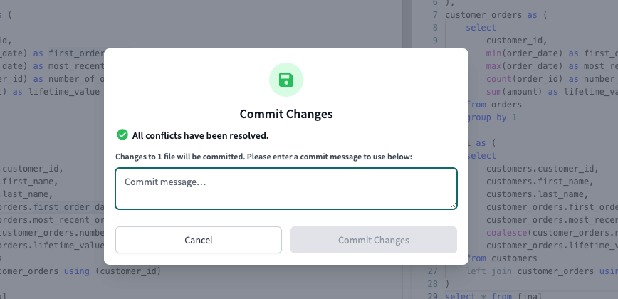Commit Changes pop up box to commit your changes