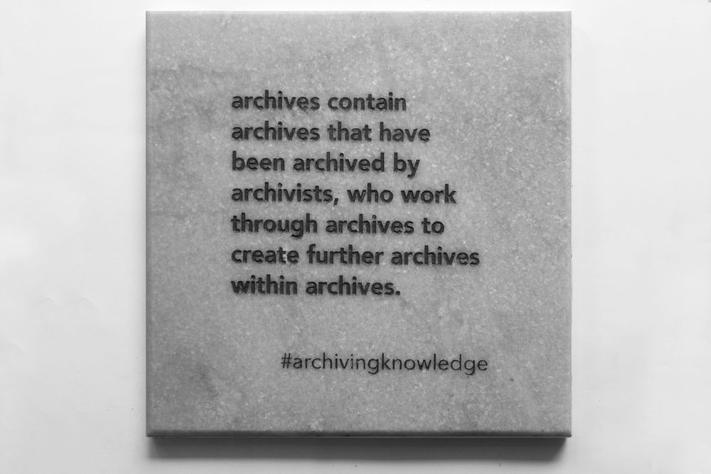 Archives contain archives that have been archived by archivists, who work through archives to create further archives within archives, From the series: Archiving Knowledge, hand engraved marble, 2018
