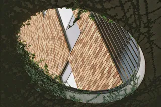 A hole in a roof covered in vines looks through to a brick building,