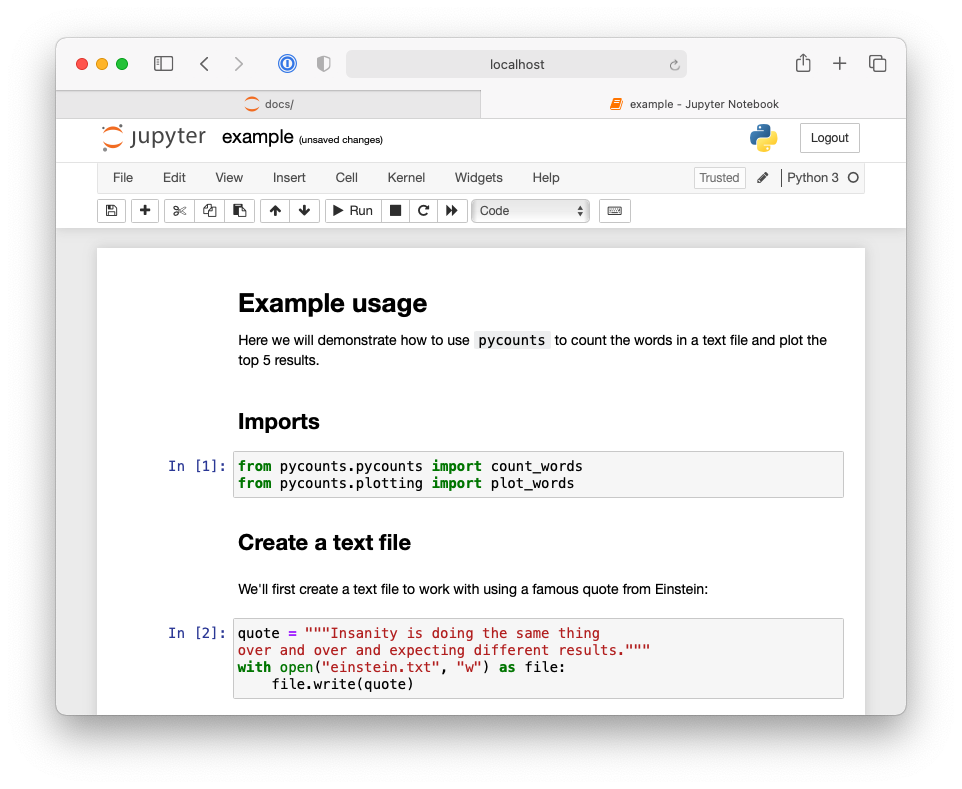 First half of Jupyter notebook demonstrating an example workflow using the `pycounts` package.