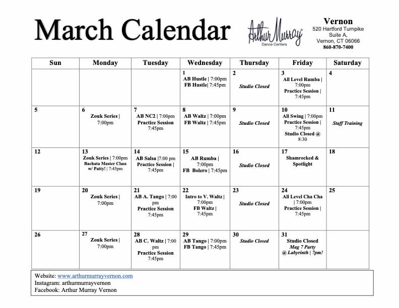 Arthur Murray Vernon Group Class Calendar