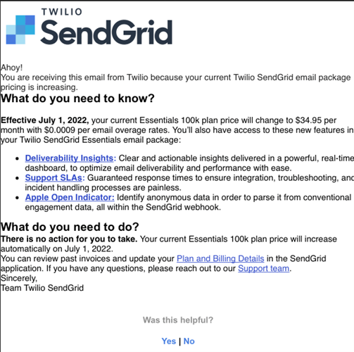 SaaS Pricing Update Emails: Screenshot of pricing update email from Twilio SendGrid