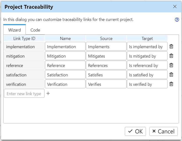 Project Traceability dialog to customize traceability links with syntax example