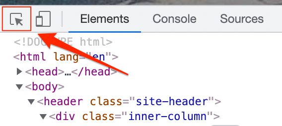 A red arrow pointing to the element selector tool in chrome devtools.
