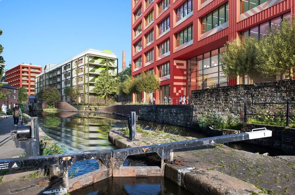 Hawkins Brown - Electric Park - Exterior CGI - showing the river canal and users walking by
