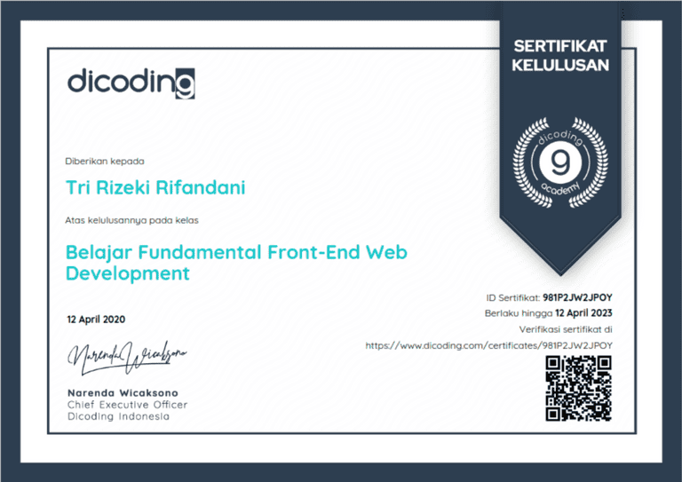 Belajar Fundamental Front-End Web Development Certificate by Rifandani