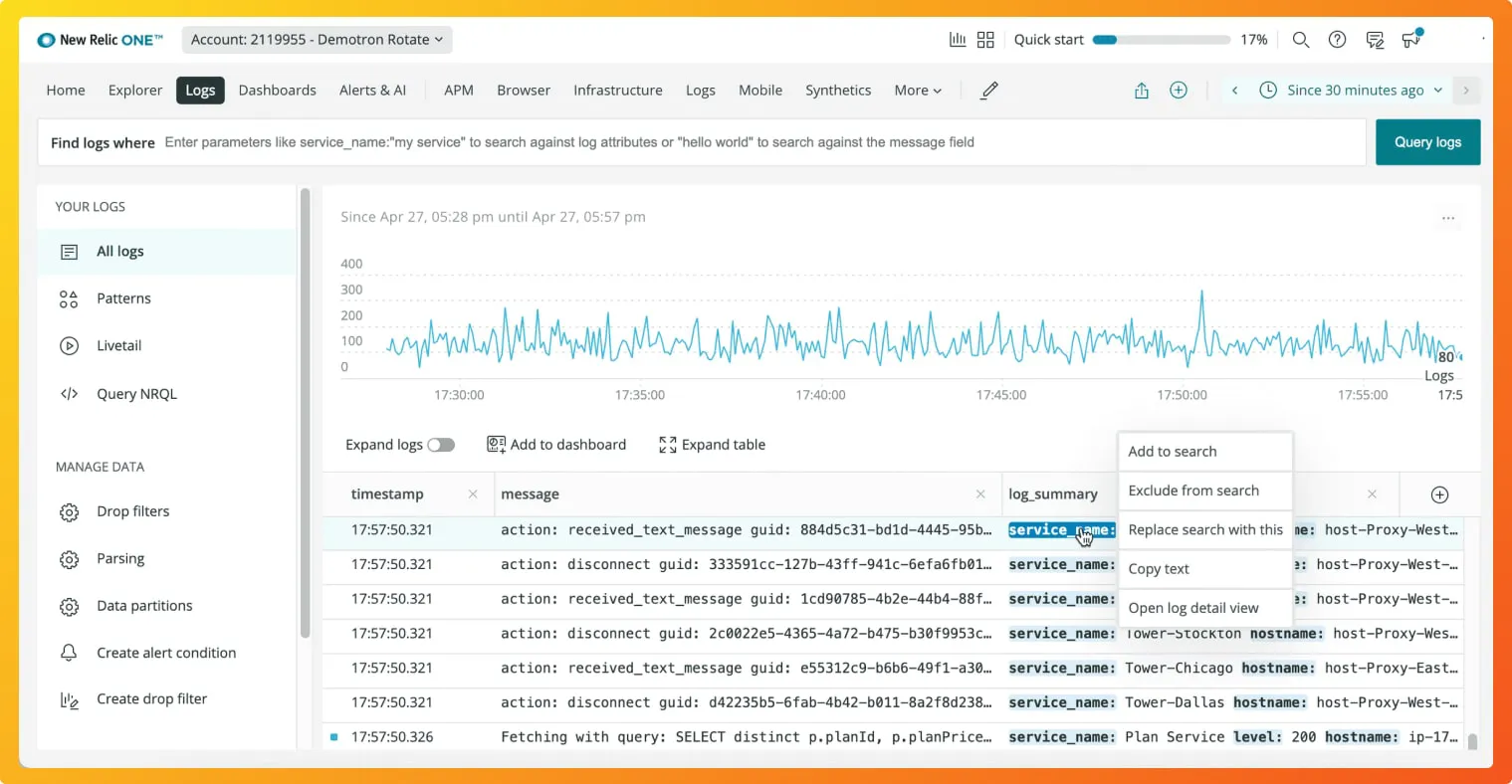 New Relic Log Management Dashboard