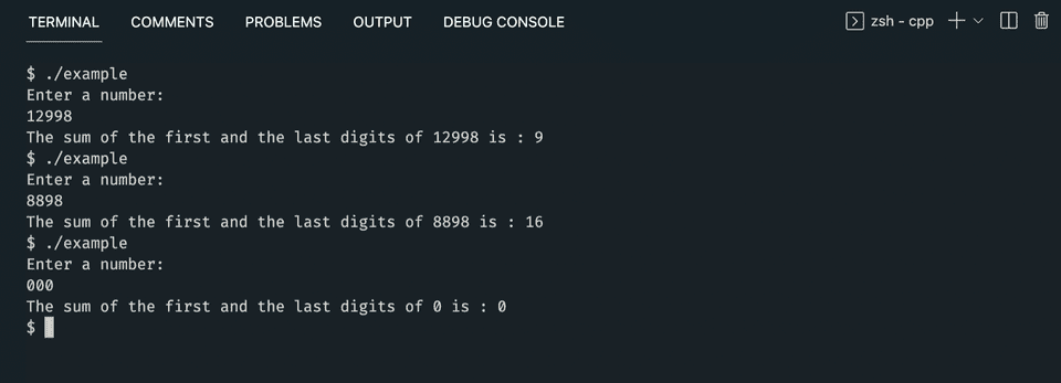 C++ sum of first and last digits of a number