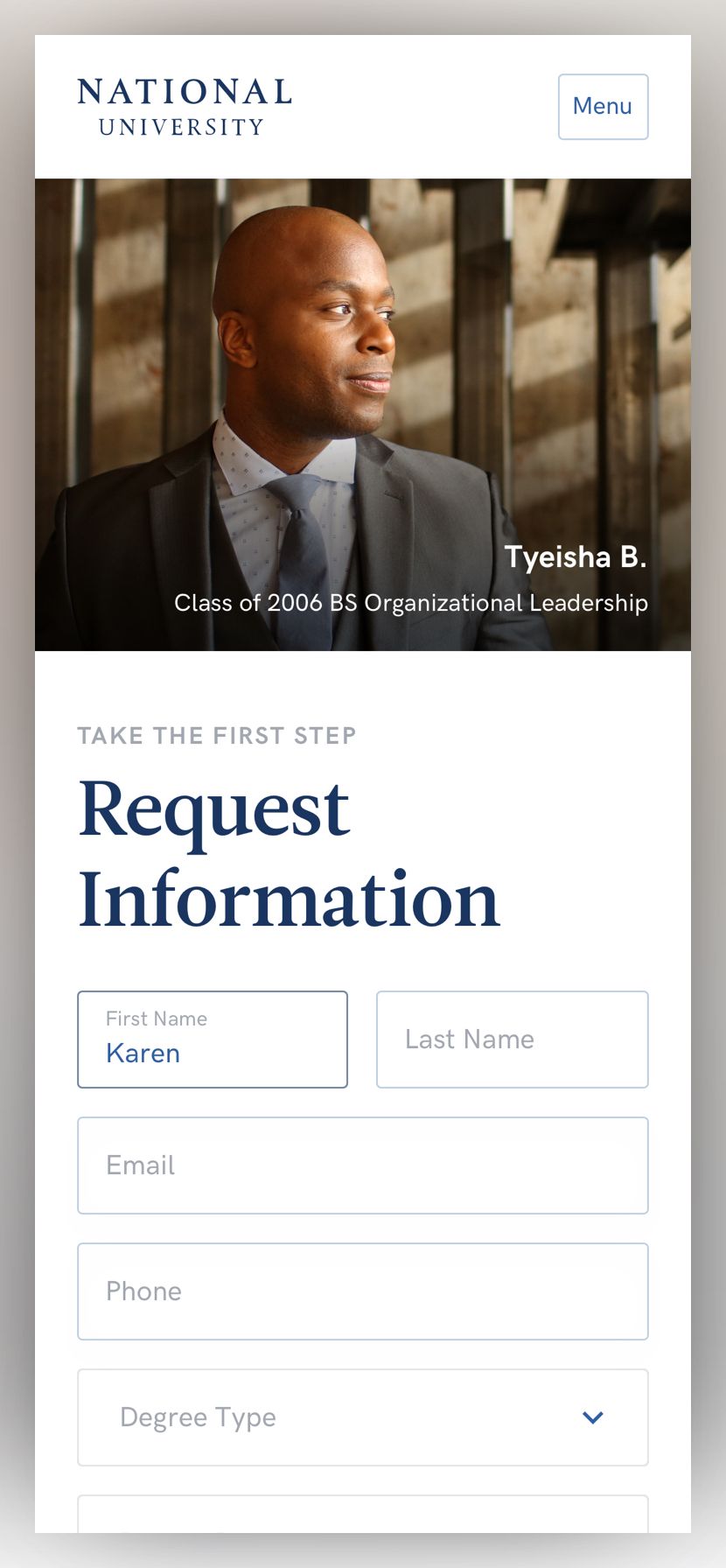 screenshot of the National University request information landing page at phone size