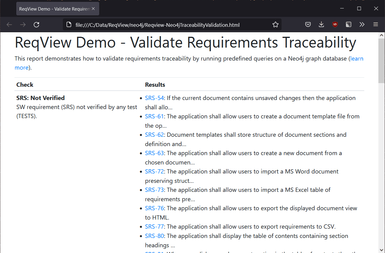 Run HTML report validating requirements traceability by querying Neo4j graph database