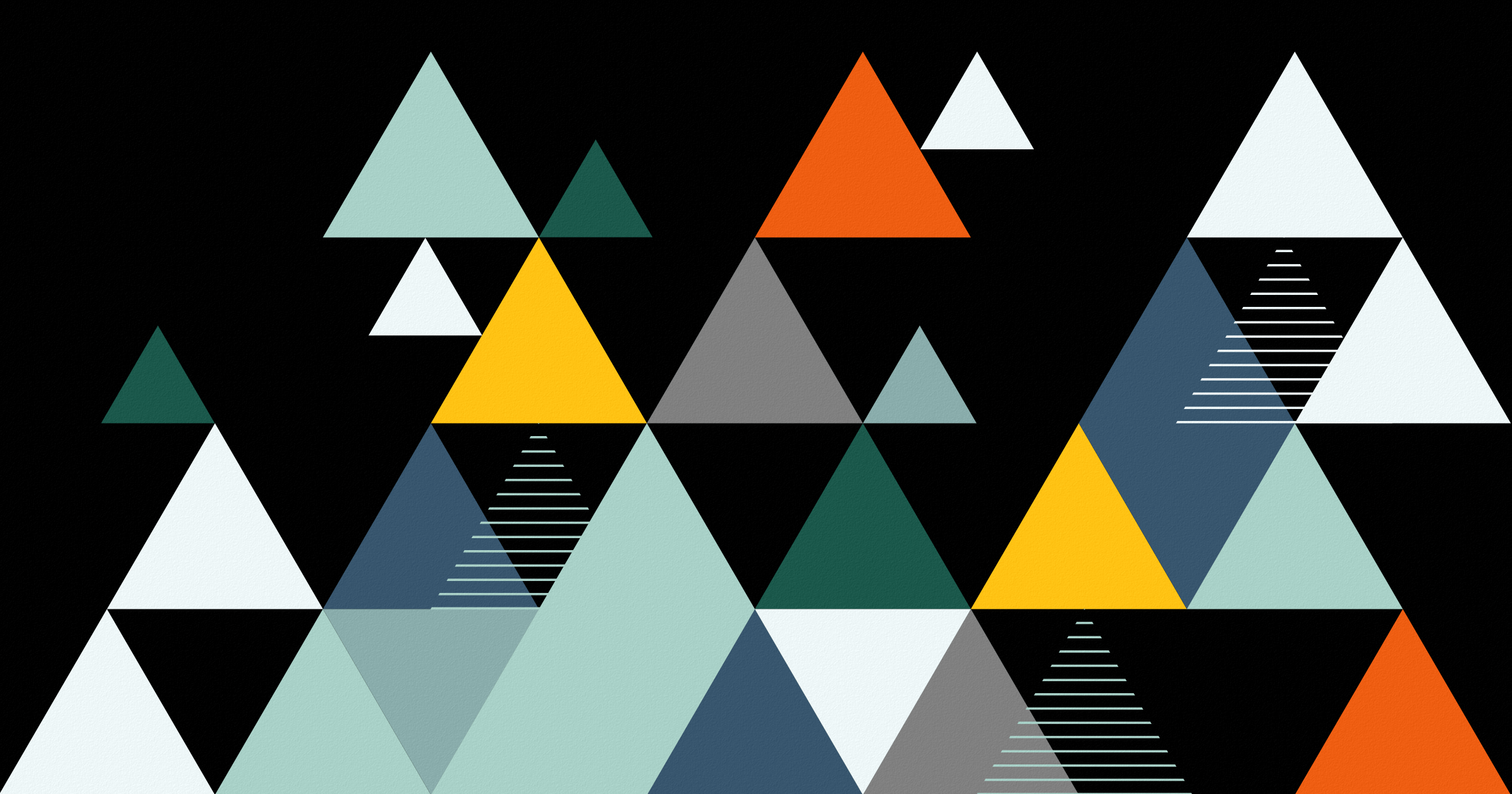 A collage of multi-colored trianges (gray, orange, white, black, blue, and green) against a black background.