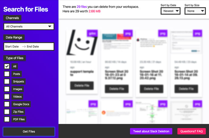 screenshot of Slack Deletron showing you files to delete