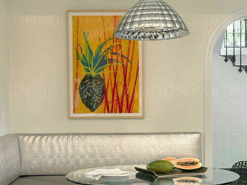 Chic style seating area with shiny silver corner seating, metallic table and prominent pineapple painting Zoom background