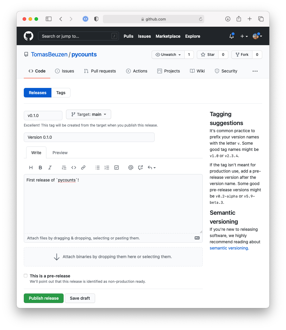 Making a release of v0.1.0 of `pycounts` on GitHub.