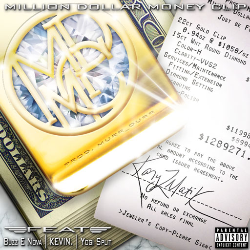 Album cover. A golden, diamond-studded money clip worth $1,000,000 and the signed receipt for it from the jeweler.