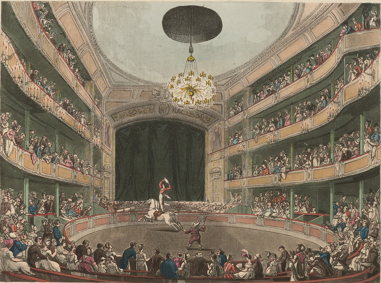 illustration of a horse in a circus ring inside a theater