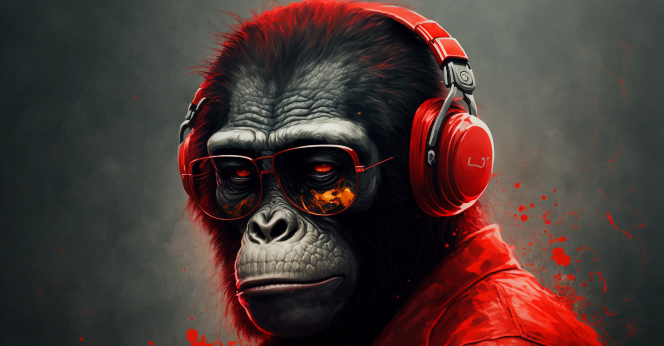 Ape wearing retro headphones and glasses with flames in the reflection