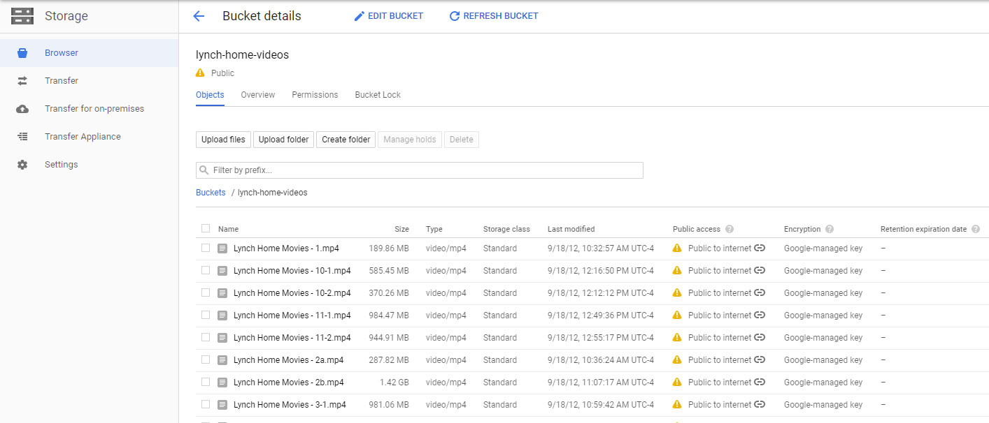 Screenshot of my converted DVD files on Google Cloud Storage