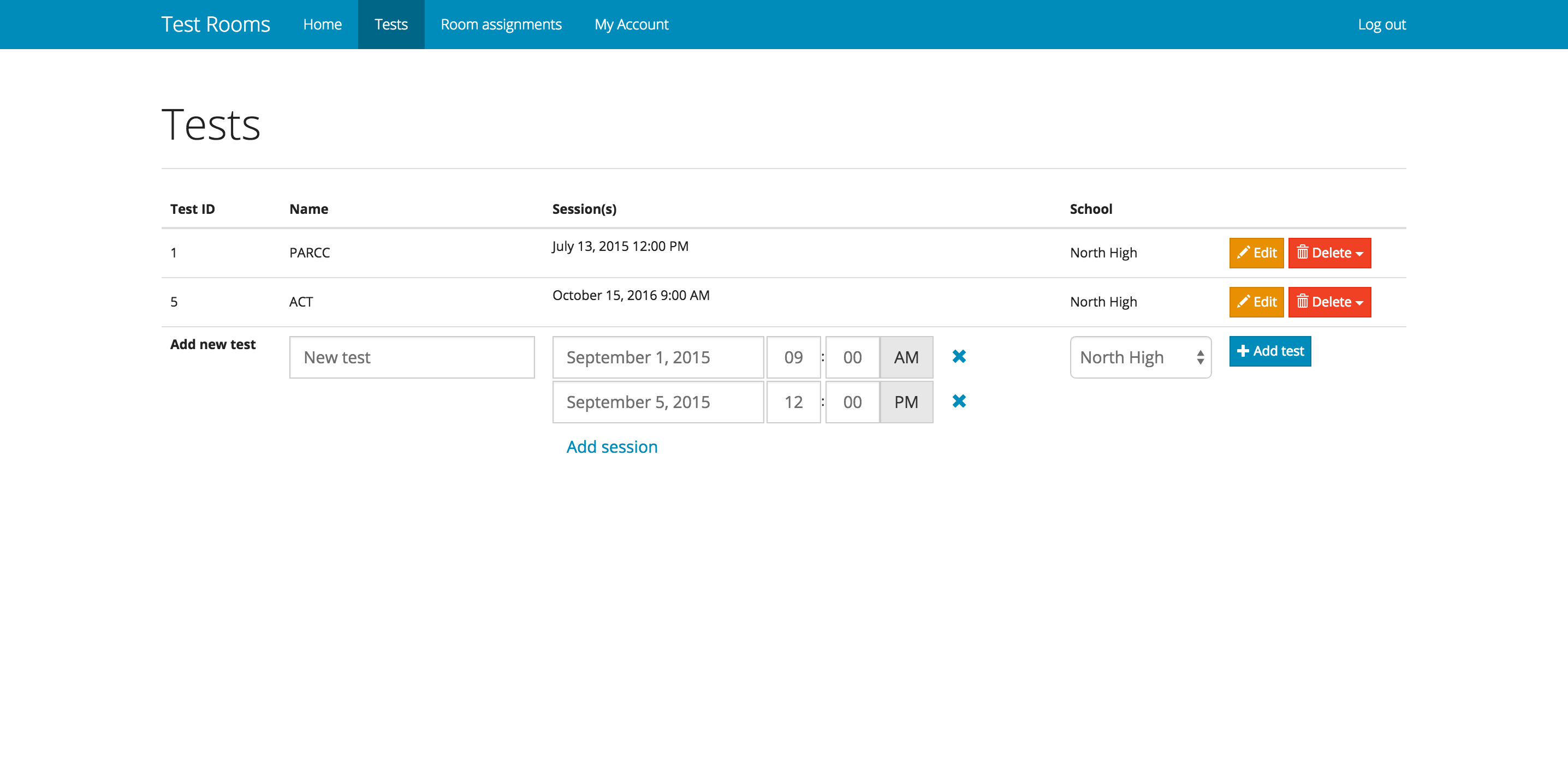 Webpage that shows a table of all tests in the database with administrative information and options such as editing, deleting, and adding tests