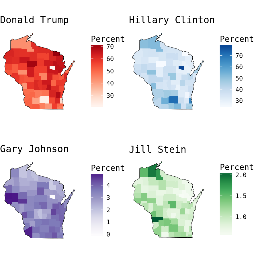 plot of chunk Wisconsin Presidential Election Results by County