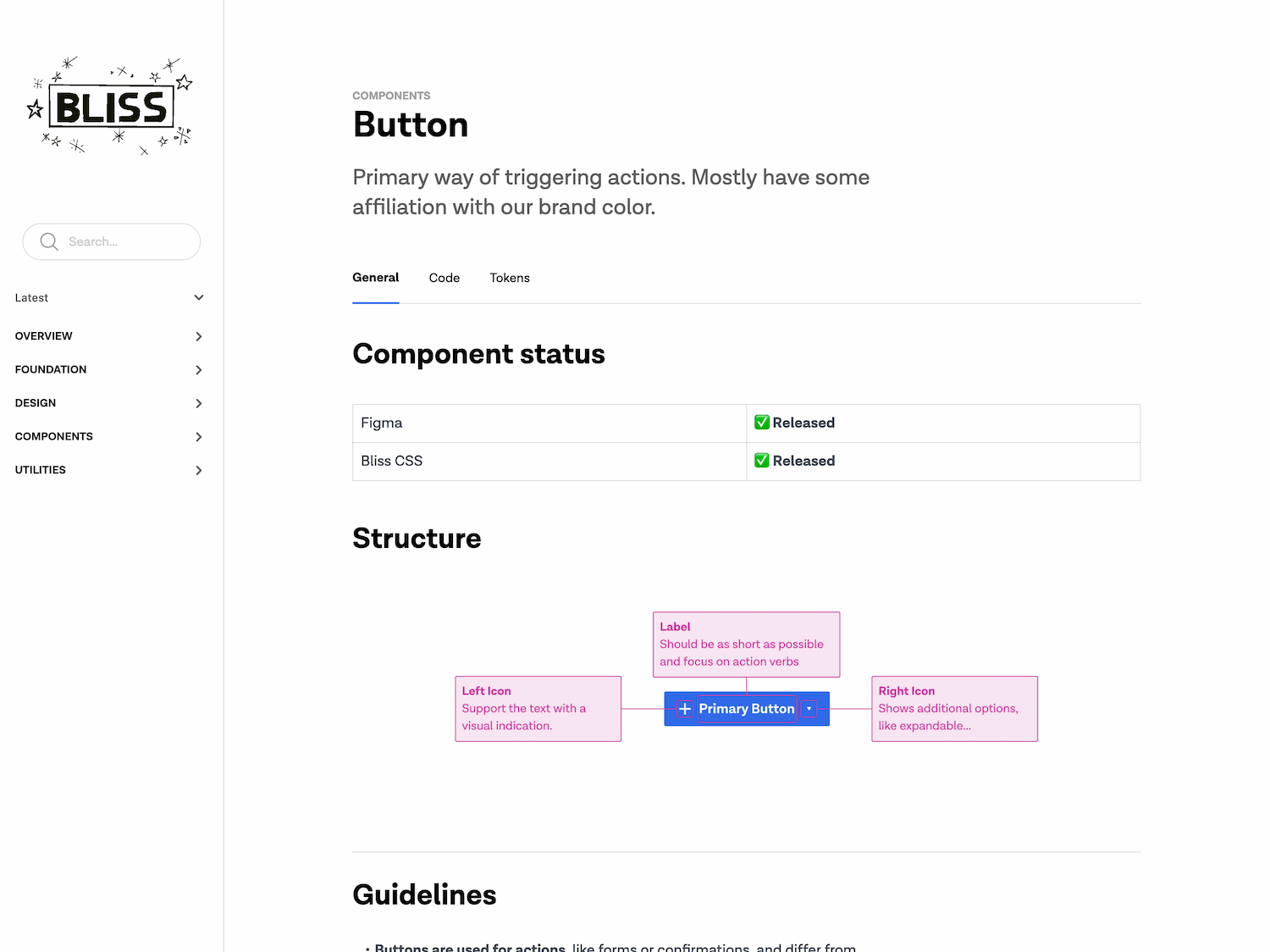 Screenshot of the General section of the Button Component Documentation.