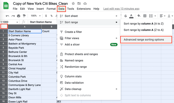A dataset in Google Sheets. The “Data” option has been selected from the toolbar, and then “Sort range” has been selected from the drop-down menu.