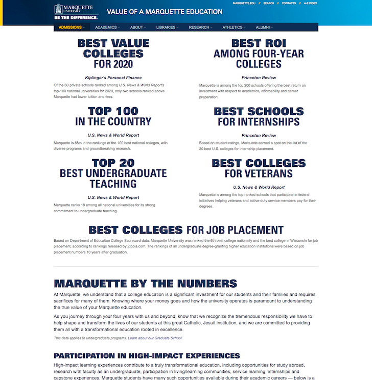Screenshot of Value of a Marquette Education homepage.