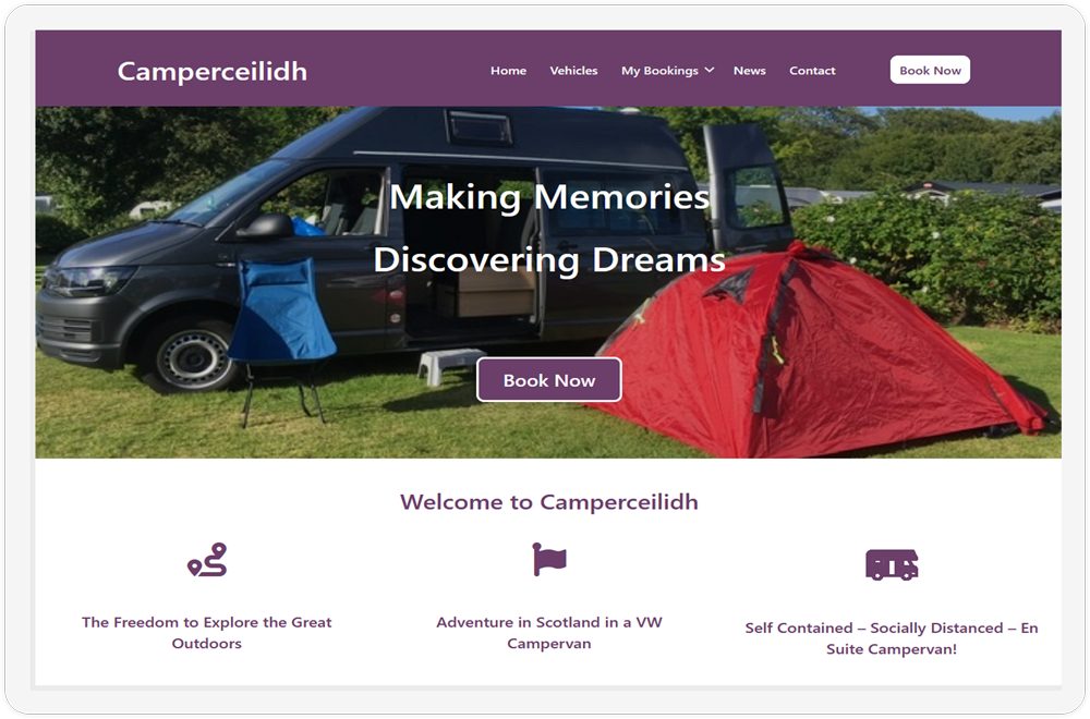 The homepage of the Camperceilidh website showcased on a tablet