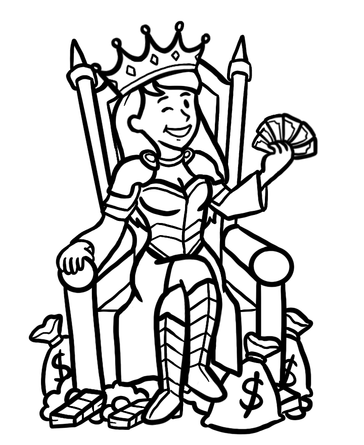 Female avatar sitting on throne with money.