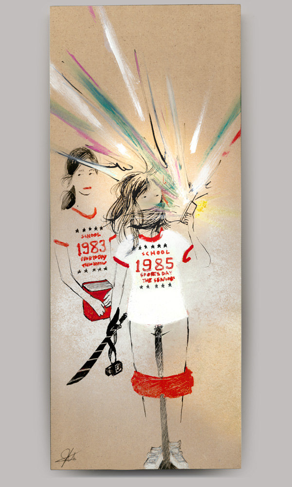 An acrylic painting on wood panel, titled 'Mary is Happy, Mary is Happy', of two young women in white t-shirts with the years '1983' and '1985' on them. The girl in front, with her shorts down, is holding a machete and in her other hand a smart phone is exploding in her face. The girl in the back is holding a red book looking away.