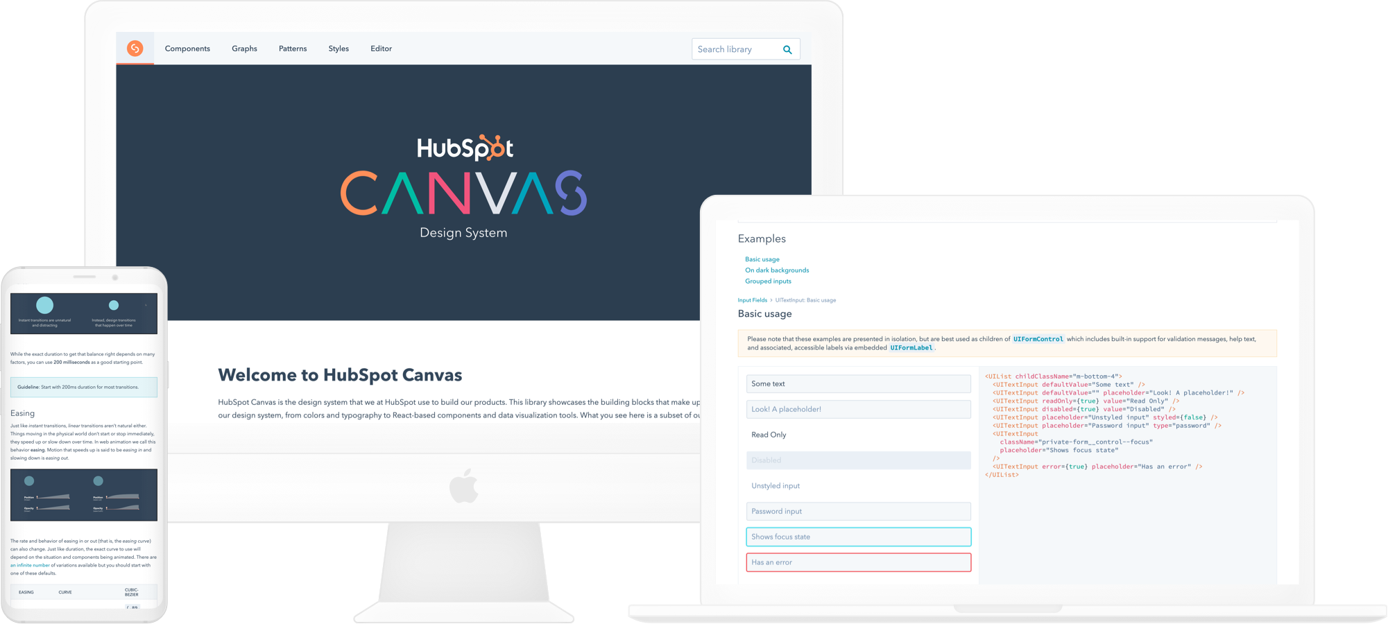 Mobile, wide-screen desktop, and laptop views of different pages of the Canvas Design System's public website.