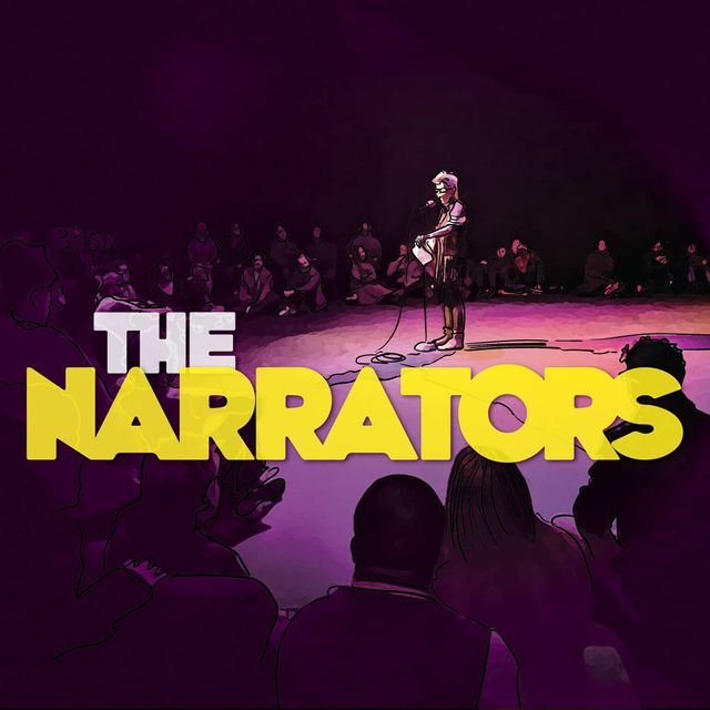 Illustrated poster
for The Narrators,
with someone at a mic.
