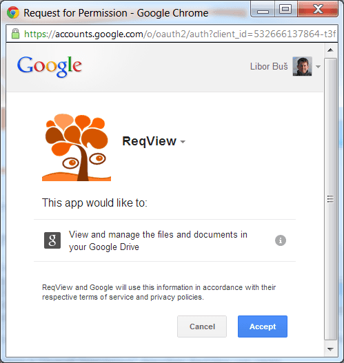 Google Drive permission dialog