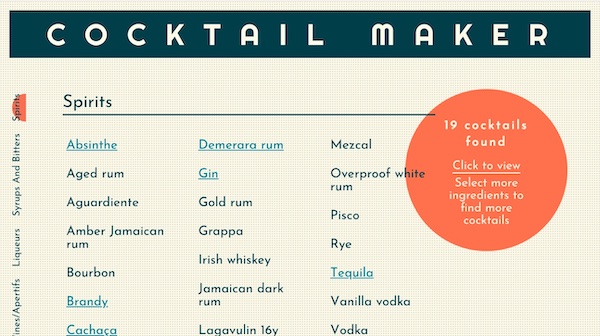 Screenshot from the 'ingredient selector' page of the Cocktail Maker app on a large screen