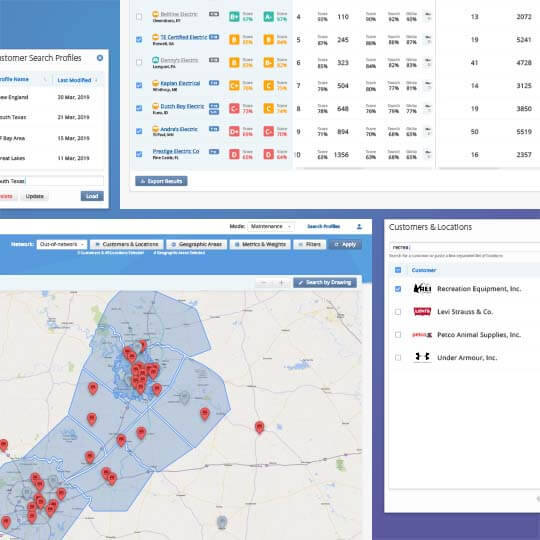 Screenshots of an application that includes tabular data and items on a map