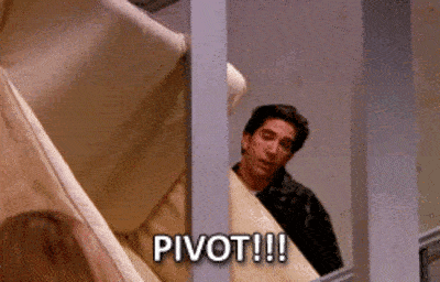 Ross from the Friends series shouting Pivot when bringing a sofa up the stairs