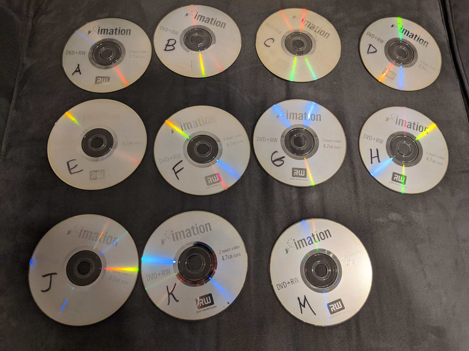 Photo of rewritable DVDs labeled by letter