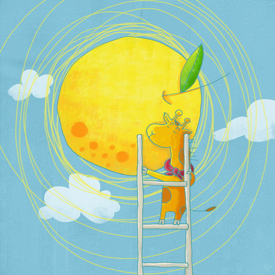 A toast for sunny days (2012) | Ink and digital painting\
\
*Baby giraffe and his mother lived happily in a small house. Mommy giraffe worked in a orange field. Everyday she woke up early and sweat on the field under hot sun. Baby giraffe loved his mom so much, he wanted to do something to help her.*

*So he decided to eat the sun.*