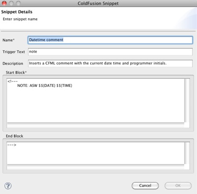 ColdFusion Builder snippets