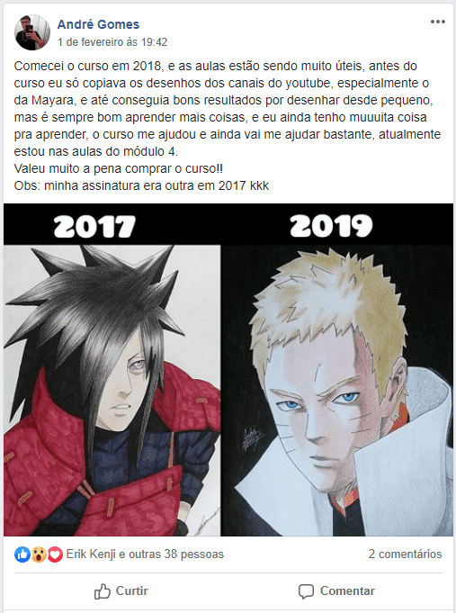 Depoimento dos alunos sobre o curso com vários desenhos do rosto de naruto
